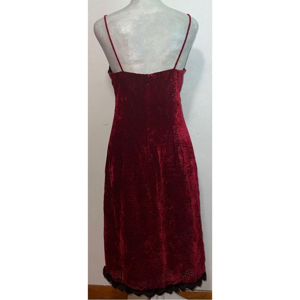 Vintage 90s Nicole Miller Red Burnout Velvet Dress w/ Fur Trim - Picture 4 of 15